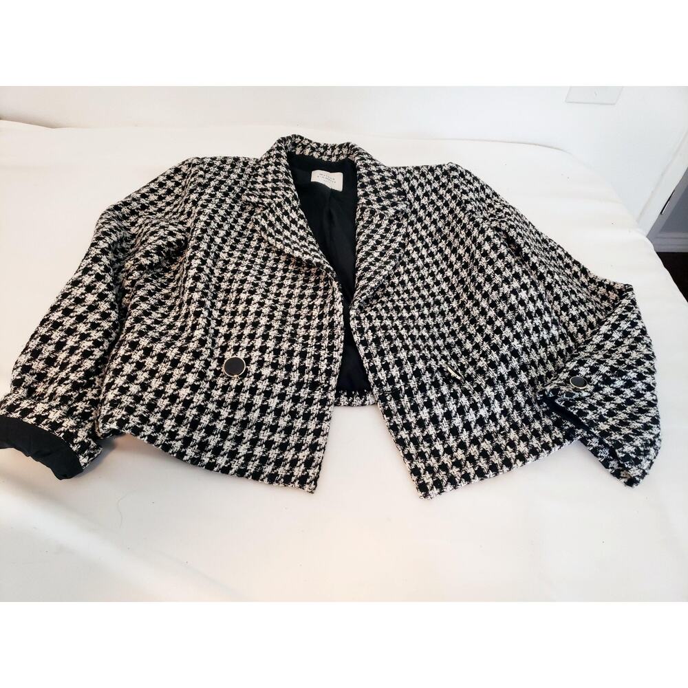 Vintage Blazer Suit Jacket Womens 12 Black White Houndstooth Cropped Tweed Paris - Picture 3 of 16